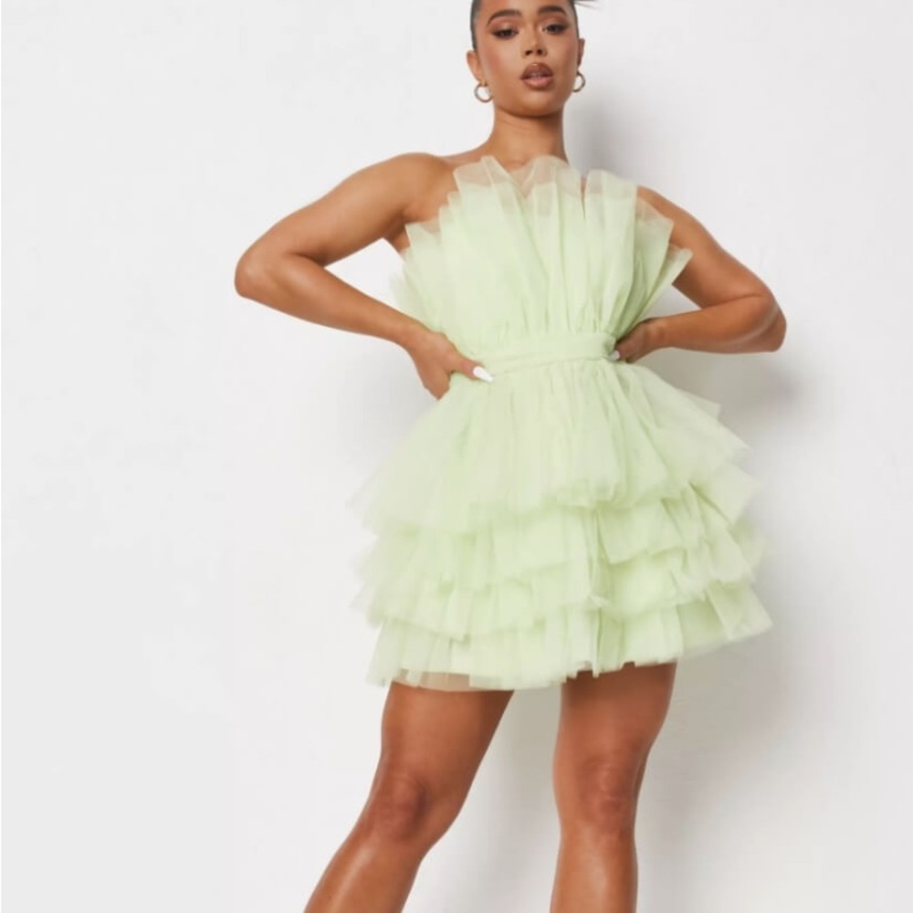 NWT Missguided Lime Tulle Ruffle Bandeau Mini Dress